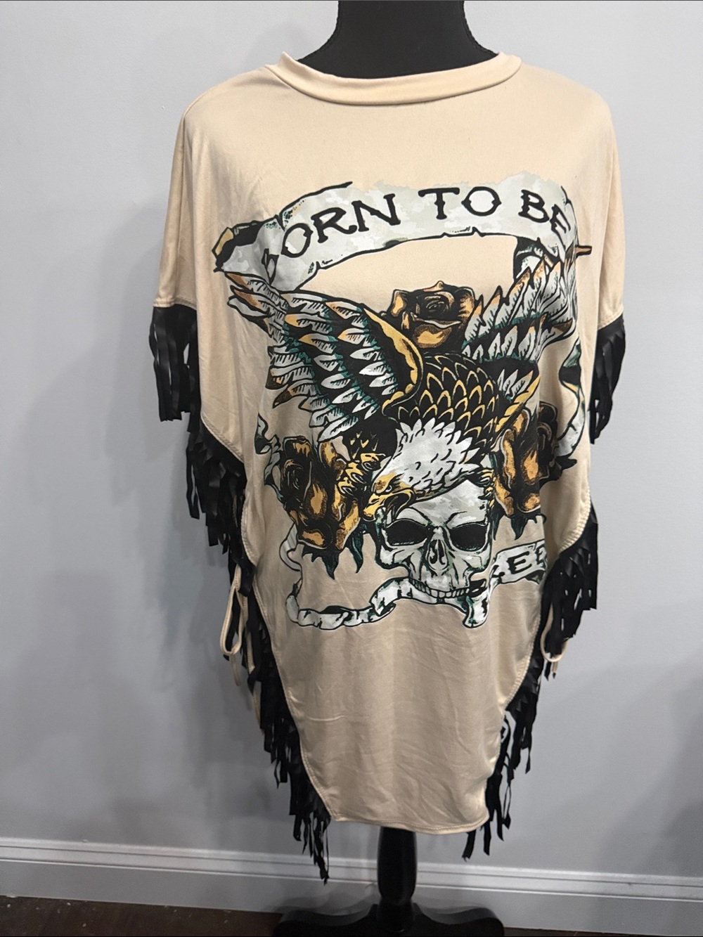 Beige and Black Tunic with Eagle & Skull Graphic and Black Fringe